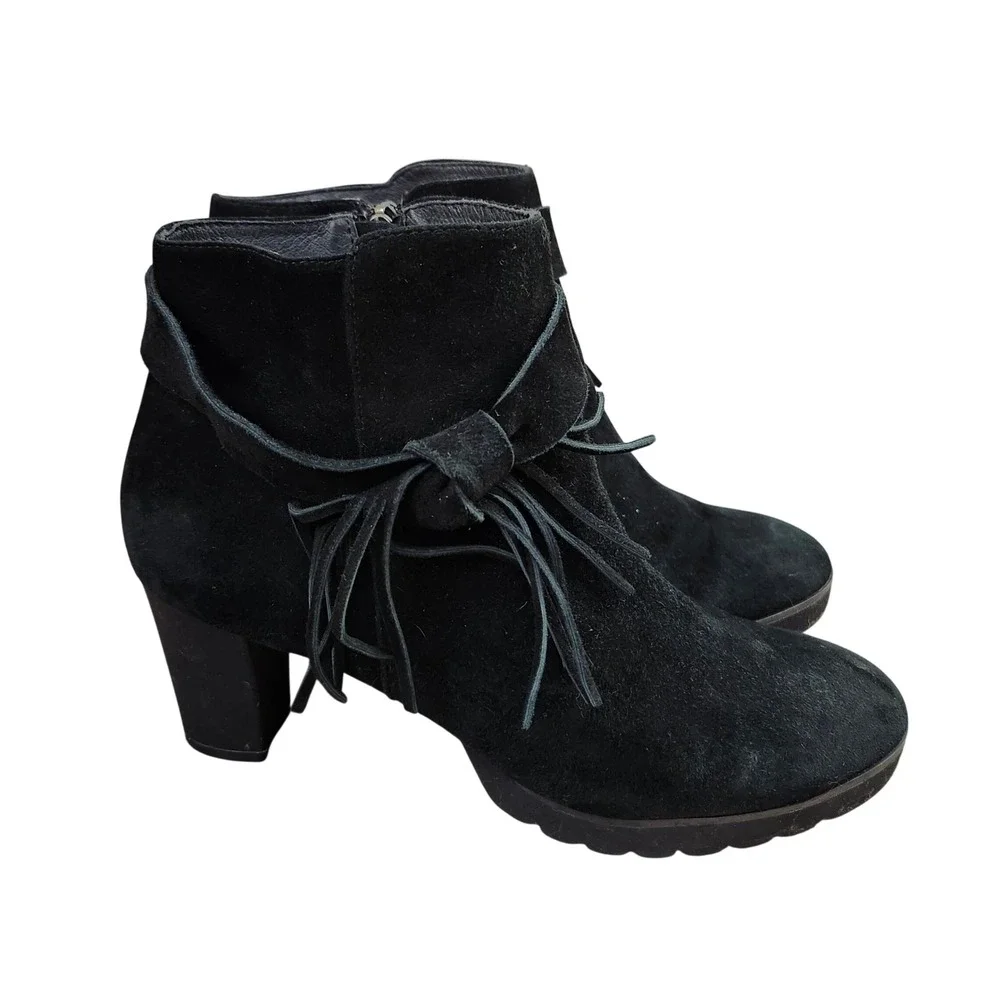 Sacha London Black Suede Tie Fringe Heeled Ankle Boots Side Zip‎ Women Sz 9